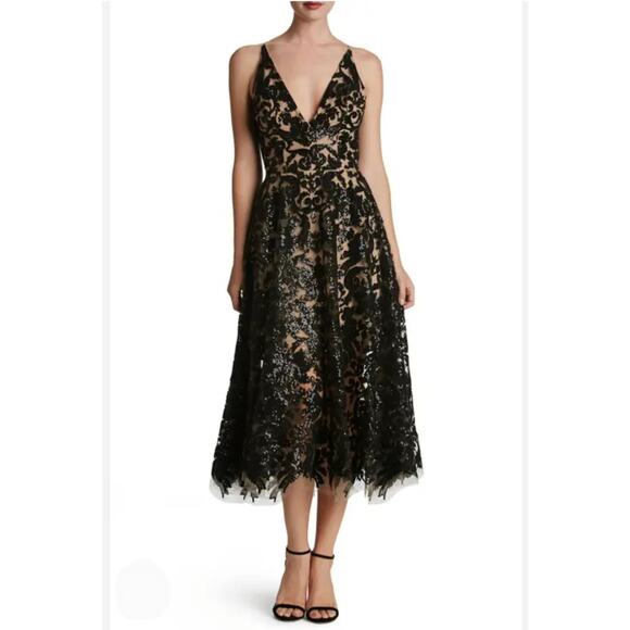 Dress the population Dress Blair Sequin Baroque Embroidery Lace Romantic Sheer - Picture 1 of 12